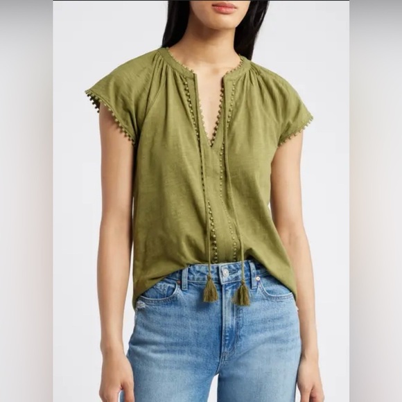 Boden Millie Split Neck Cotton Top Mayfly Army Green Sz 14 - Picture 12 of 12